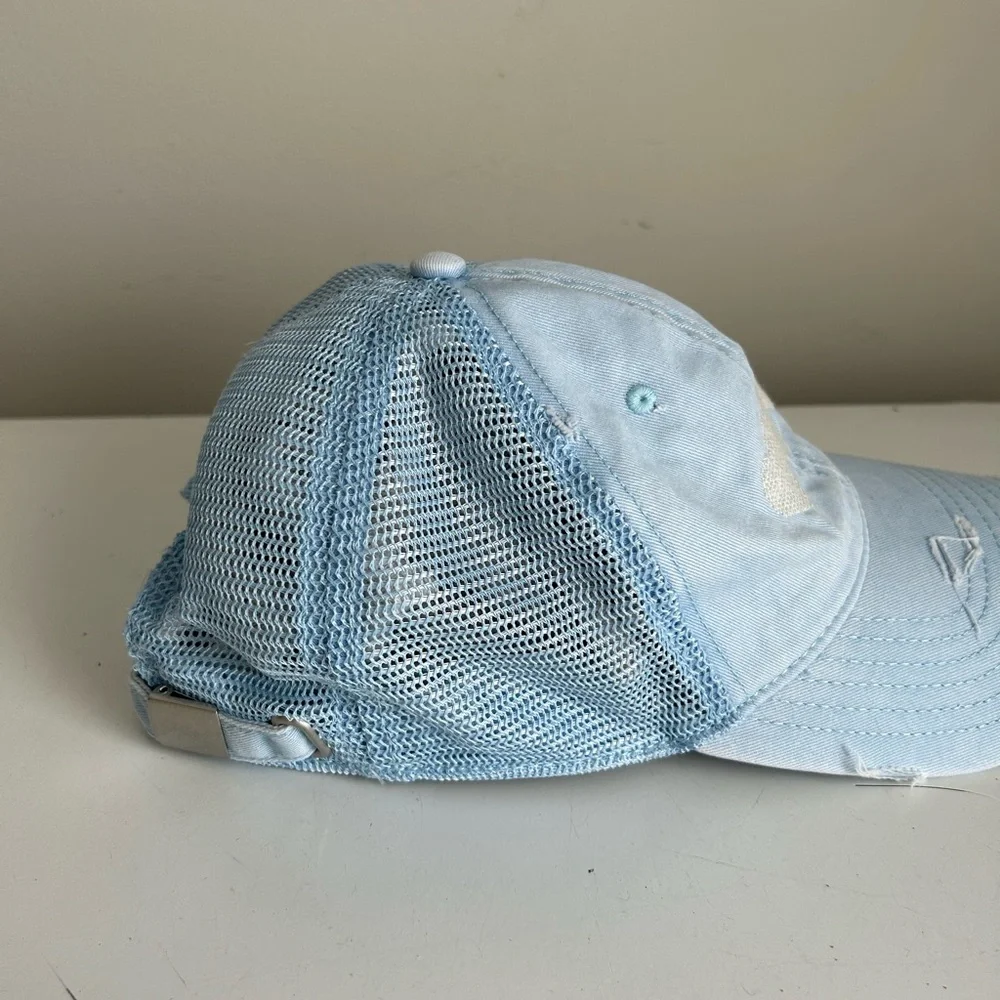 Aerie Light Blue Distressed Denim Mesh Hat embroidered hearts‎